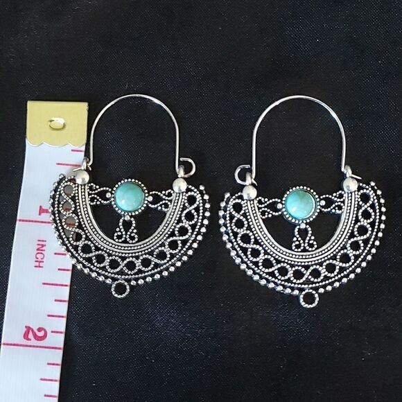 SILVER TURQUOISE BOHEMIAN DANGLE EARRINGS - Picture 4 of 4